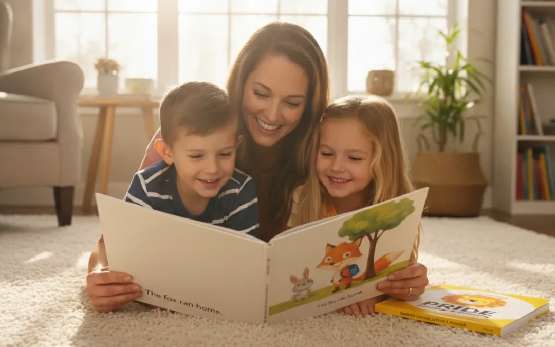 Mother reading a book with two young children on the floor.