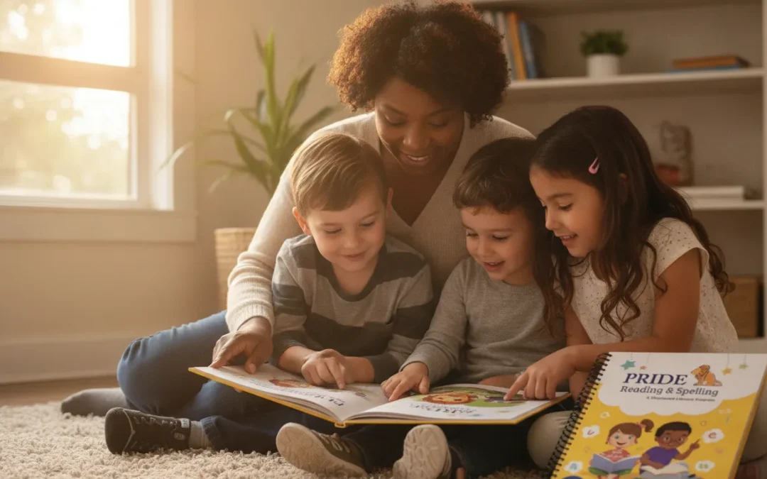 Teacher reading phonics instruction materials with three young children.