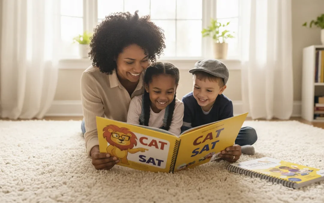 Parent reading a special needs reading curriculum book with two children at home.