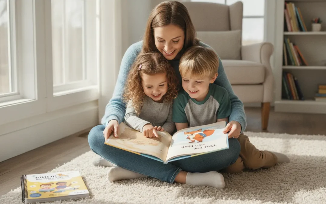 Mother reading with two children on the floor at home.