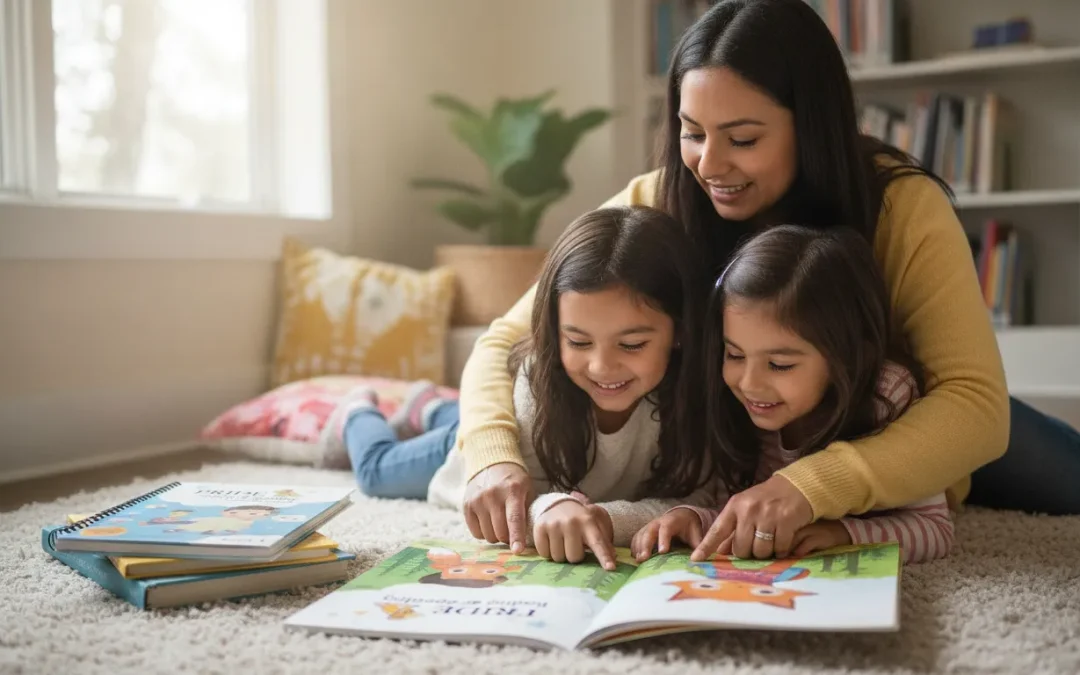 Mother and two children reading scripted reading curriculum books at home.