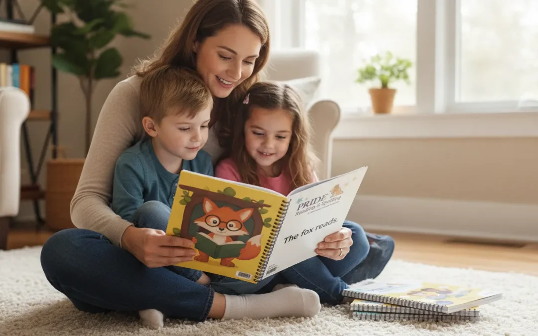 Mother reading a spelling homeschool curriculum for dyslexia with two children.
