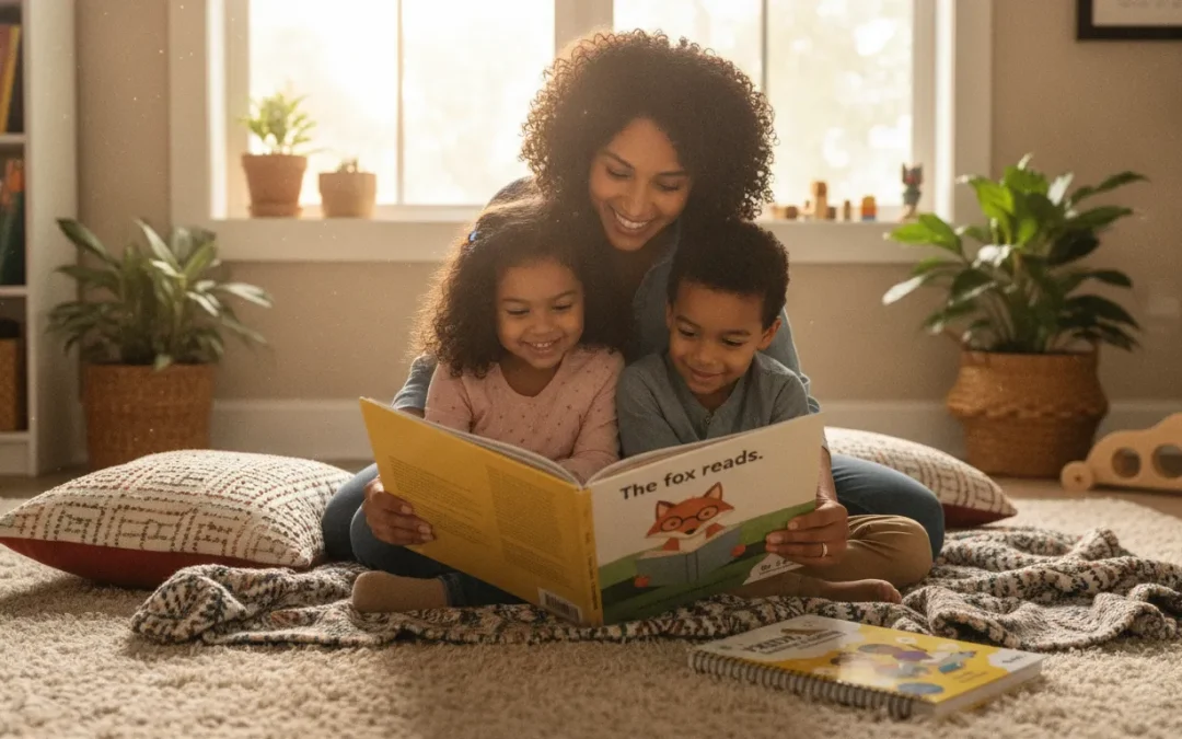 Mother reading a Wilson Reading System book with two children on the floor.